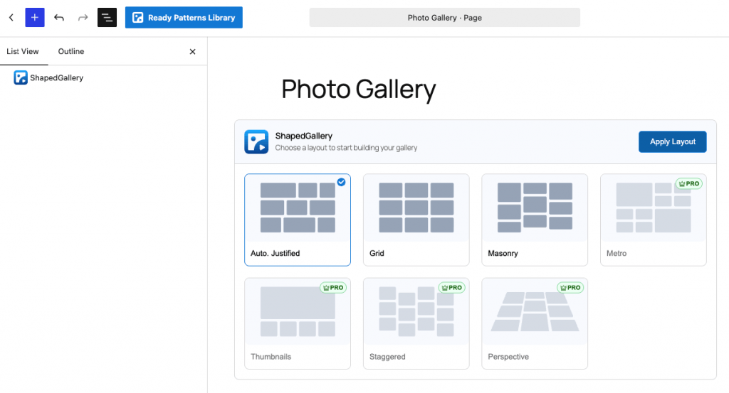 Adding the ShapedGallery block in the WordPress block editor