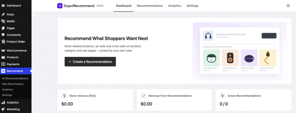 Recommend menu with All Recommendations, New Recommend, Analytics and Settings
