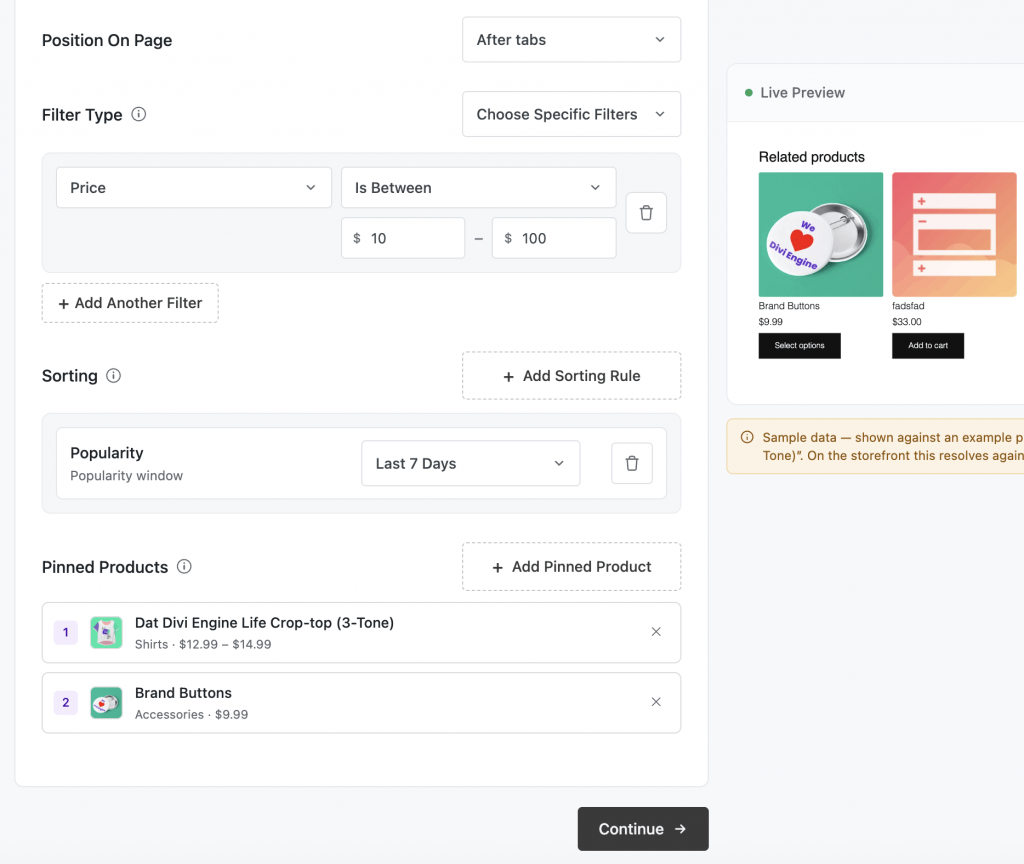 In-stock filter, popularity sorting and a pinned product in ShapedRecommend