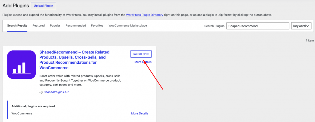 Installing the free ShapedRecommend plugin for WooCommerce